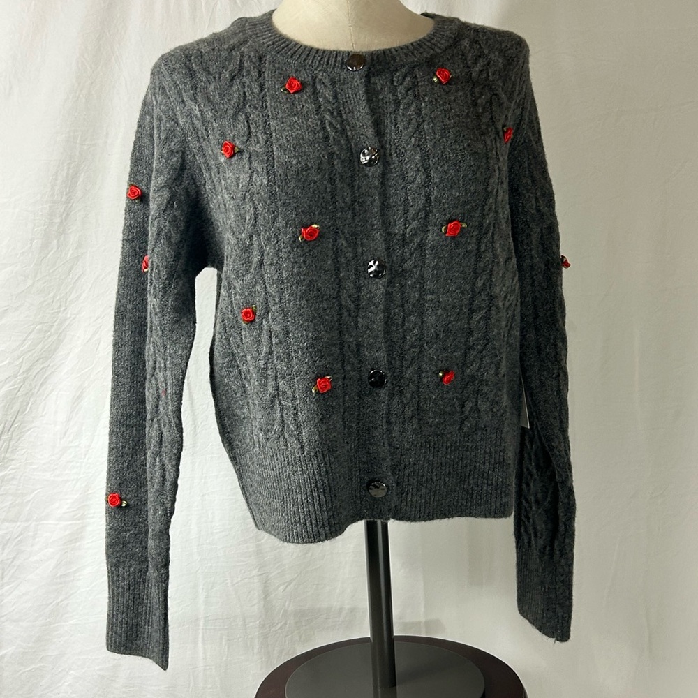 Women’s Boutique Gray Cardigan with Red Floral Accents size M NEW
